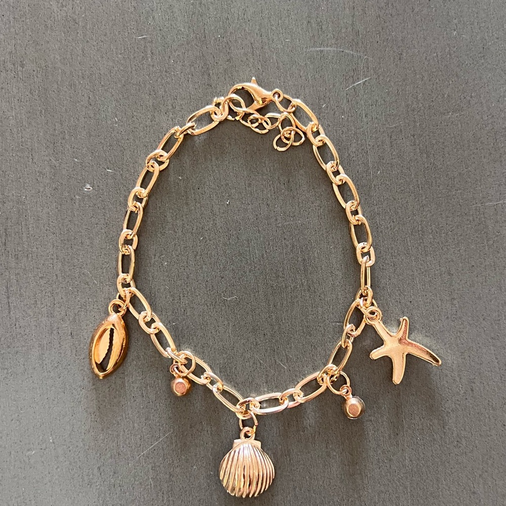 Gold Seashell Shell & White Pearl Rhinestone Starfish Paper Clip Chain Bracelet - Picture 2 of 3
